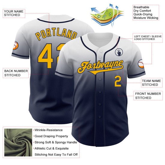 Maillot de baseball personnalisé dégradé or-bleu marine blanc authentique Maillot de baseball personnalisé dégradé or-bleu marine blanc authentique
