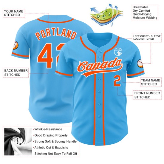 Maillot de baseball personnalisé authentique orange-blanc bleu ciel Maillot de baseball personnalisé authentique orange-blanc bleu ciel