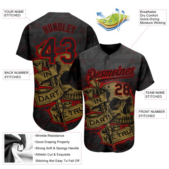 Maillot de baseball 3D noir authentique à motif personnalisé Dart en rouge - Old We Gold Trust Maillot de baseball 3D noir authentique à motif personnalisé Dart en rouge - Old We Gold Trust