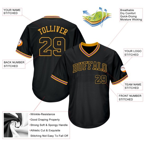 Maillot de baseball authentique en tricot côtelé noir, motif rétro, personnalisé, noir et or Maillot de baseball authentique en tricot côtelé noir, motif rétro, personnalisé, noir et or