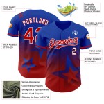 Maillot de baseball à motif bleu 3D, dégradé rouge-blanc, étoile scintillante, authentique, personnalisé Maillot de baseball à motif bleu 3D, dégradé rouge-blanc, étoile scintillante, authentique, personnalisé
