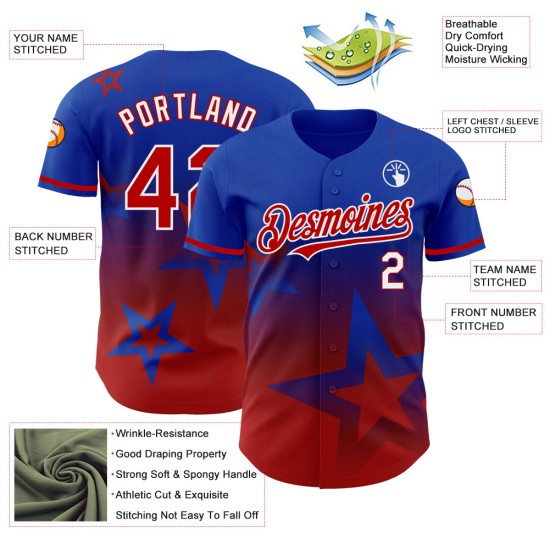 Maillot de baseball à motif bleu 3D, dégradé rouge-blanc, étoile scintillante, authentique, personnalisé Maillot de baseball à motif bleu 3D, dégradé rouge-blanc, étoile scintillante, authentique, personnalisé
