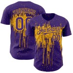 Maillot de baseball personnalisé 3D doré avec motif d'éclaboussures d'art authentique violet Maillot de baseball personnalisé 3D doré avec motif d'éclaboussures d'art authentique violet