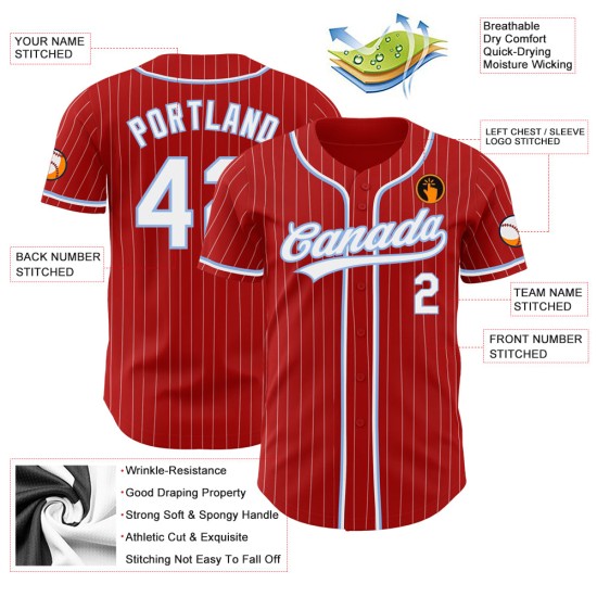Maillot de baseball personnalisé rouge et blanc à rayures fines bleu clair Maillot de baseball personnalisé rouge et blanc à rayures fines bleu clair