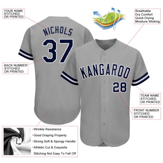Maillot de baseball gris authentique bleu marine et blanc personnalisé Maillot de baseball gris authentique bleu marine et blanc personnalisé