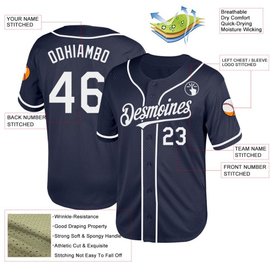 Maillot de baseball personnalisé bleu marine et blanc, authentique, en maille Maillot de baseball personnalisé bleu marine et blanc, authentique, en maille