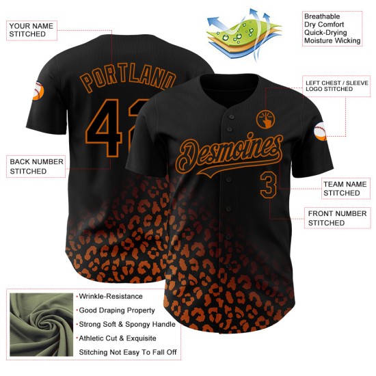 Maillot de baseball authentique imprimé Texas, motif léopard noir, orange, personnalisé en 3D Maillot de baseball authentique imprimé Texas, motif léopard noir, orange, personnalisé en 3D