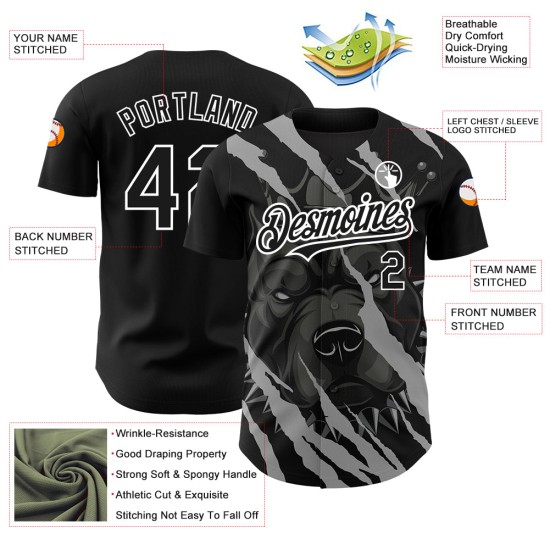 Maillot blanc authentique animal pitbull noir 3D chien design baseball motif personnalisé Maillot blanc authentique animal pitbull noir 3D chien design baseball motif personnalisé