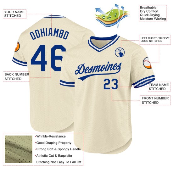 Maillot de baseball authentique crème rétro bleu royal-blanc personnalisé Maillot de baseball authentique crème rétro bleu royal-blanc personnalisé