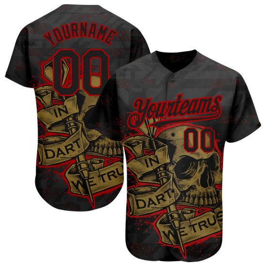Maillot de baseball 3D noir authentique à motif personnalisé Dart en rouge - Old We Gold Trust Maillot de baseball 3D noir authentique à motif personnalisé Dart en rouge - Old We Gold Trust
