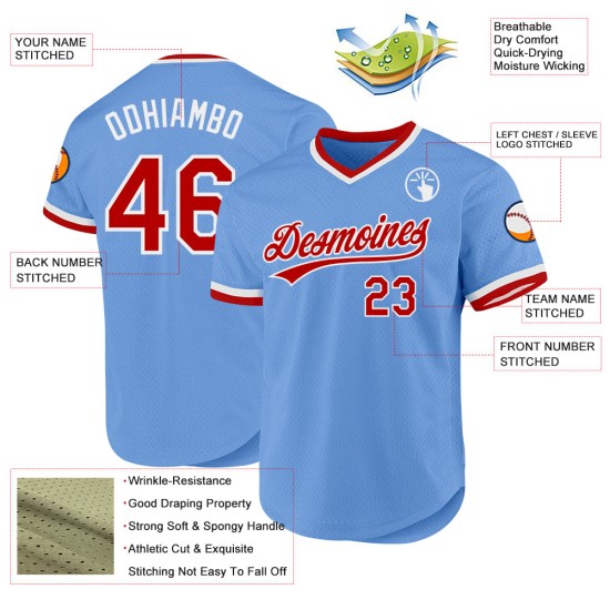 Maillot de baseball authentique rétro rouge clair et blanc, bleu personnalisé Maillot de baseball authentique rétro rouge clair et blanc, bleu personnalisé