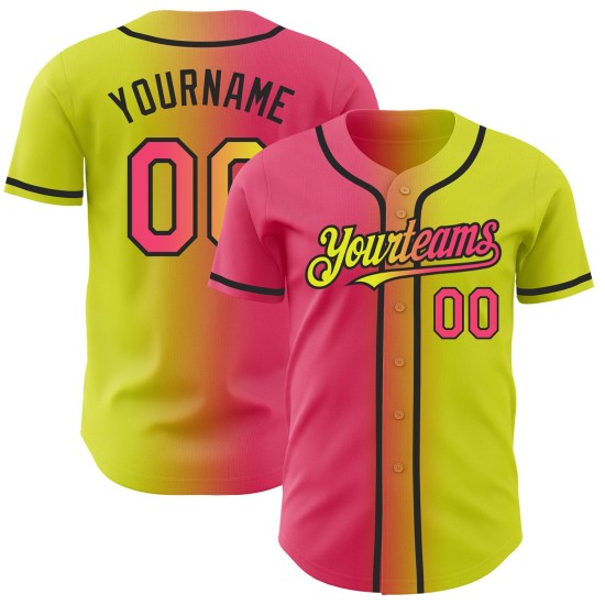 Maillot de baseball personnalisé dégradé néon mode authentique néon jaune rose-noir Maillot de baseball personnalisé dégradé néon mode authentique néon jaune rose-noir