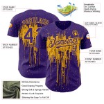 Maillot de baseball personnalisé 3D doré avec motif d'éclaboussures d'art authentique violet Maillot de baseball personnalisé 3D doré avec motif d'éclaboussures d'art authentique violet