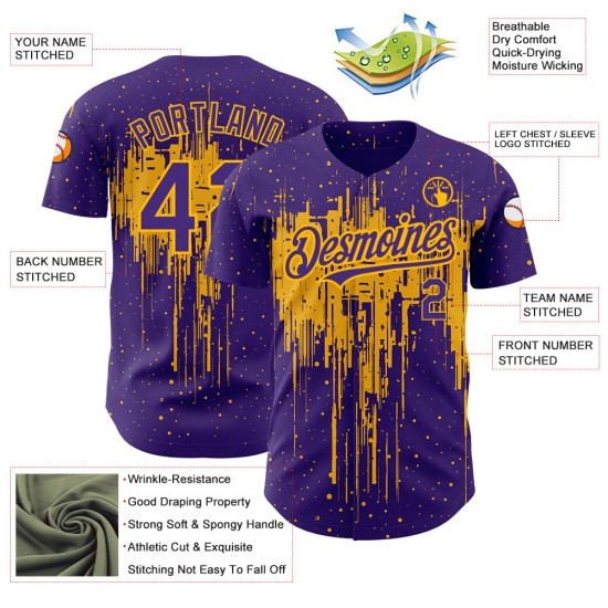 Maillot de baseball personnalisé 3D doré avec motif d'éclaboussures d'art authentique violet Maillot de baseball personnalisé 3D doré avec motif d'éclaboussures d'art authentique violet
