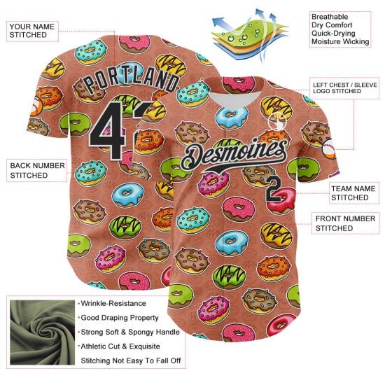 Maillot de baseball marron noir et blanc pour gourmets, motif 3D, design authentique et personnalisé, dessert Maillot de baseball marron noir et blanc pour gourmets, motif 3D, design authentique et personnalisé, dessert
