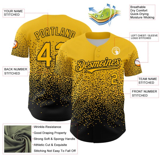 Maillot de baseball noir et jaune, motif dégradé irrégulier personnalisé, style 3D, design authentique Maillot de baseball noir et jaune, motif dégradé irrégulier personnalisé, style 3D, design authentique