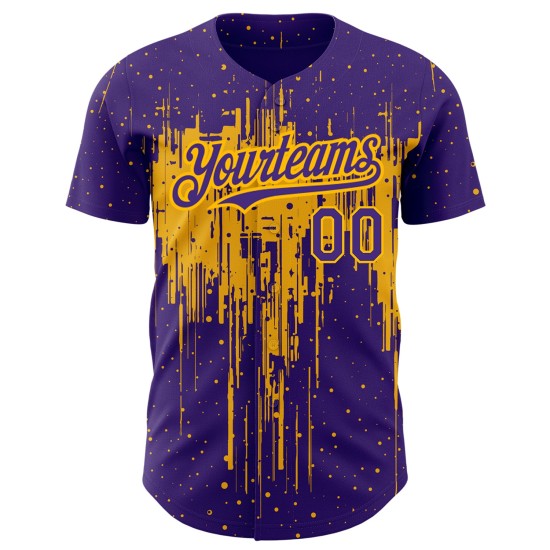 Maillot de baseball personnalisé 3D doré avec motif d'éclaboussures d'art authentique violet Maillot de baseball personnalisé 3D doré avec motif d'éclaboussures d'art authentique violet
