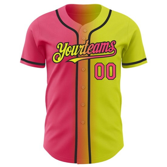 Maillot de baseball personnalisé dégradé néon mode authentique néon jaune rose-noir Maillot de baseball personnalisé dégradé néon mode authentique néon jaune rose-noir