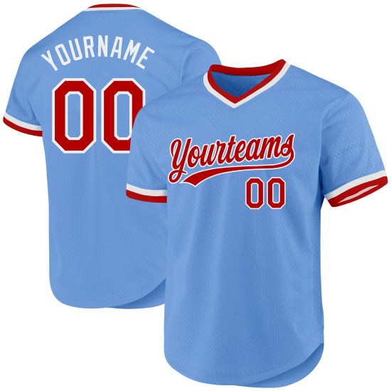 Maillot de baseball authentique rétro rouge clair et blanc, bleu personnalisé Maillot de baseball authentique rétro rouge clair et blanc, bleu personnalisé
