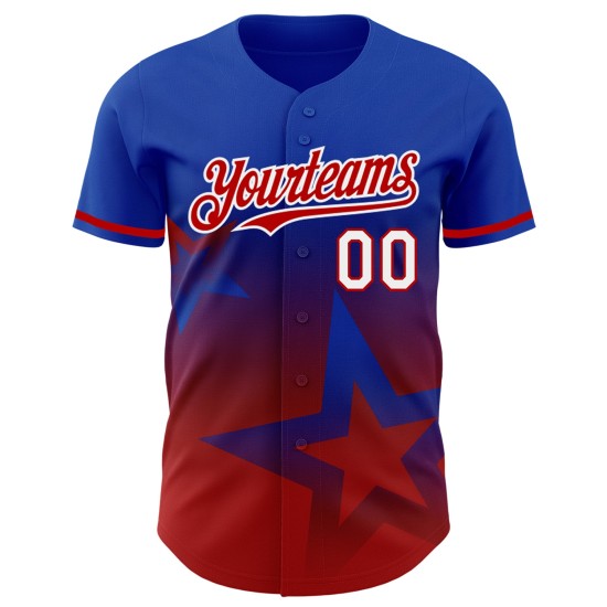 Maillot de baseball à motif bleu 3D, dégradé rouge-blanc, étoile scintillante, authentique, personnalisé Maillot de baseball à motif bleu 3D, dégradé rouge-blanc, étoile scintillante, authentique, personnalisé