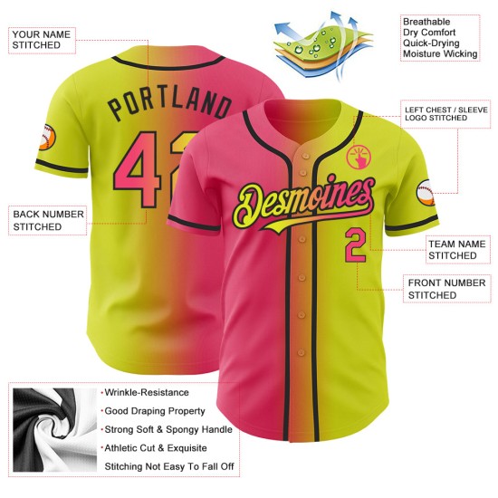 Maillot de baseball personnalisé dégradé néon mode authentique néon jaune rose-noir Maillot de baseball personnalisé dégradé néon mode authentique néon jaune rose-noir